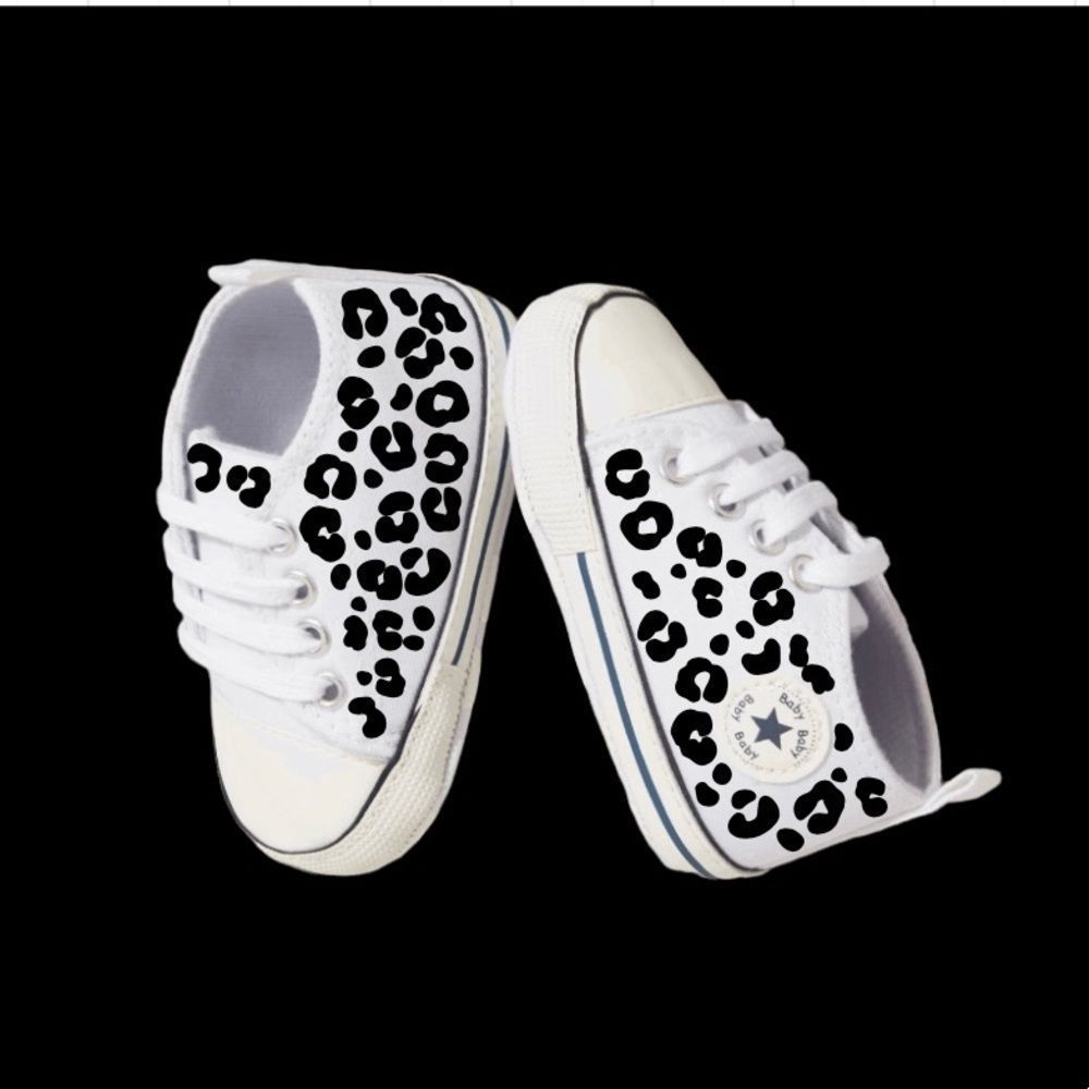 Infant baby girl shoes, walker, cute custom design, white w/ black leopard print - Picture 1 of 4